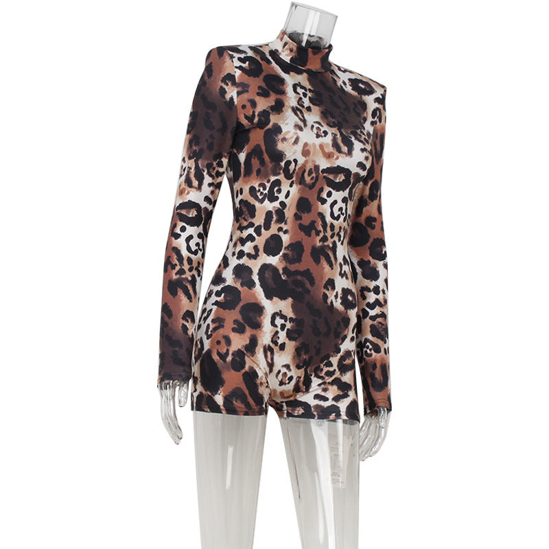 Women Long Sleeve Padded Shoulder Sexy Leopard Print Slim Fit Bodysuit Women