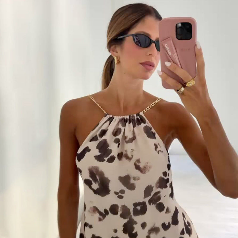 Summer Irregular Asymmetric Pattern Print Halter Backless Slip Dress