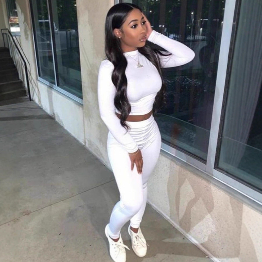Women Clothing Autumn Simplicity round Neck Long Sleeve Top Low Waist Hip Wrapped Tight Trousers Two Piece Sets