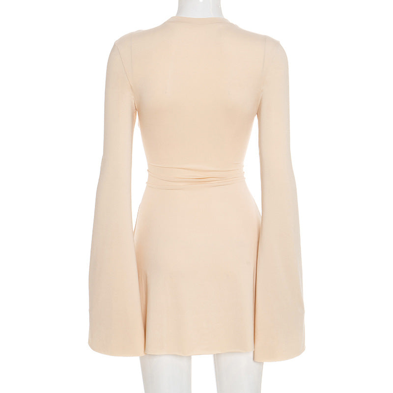 Women Clothing Autumn Winter Solid Color Casual Slim Flared Long Sleeve A Hemline Short Dress