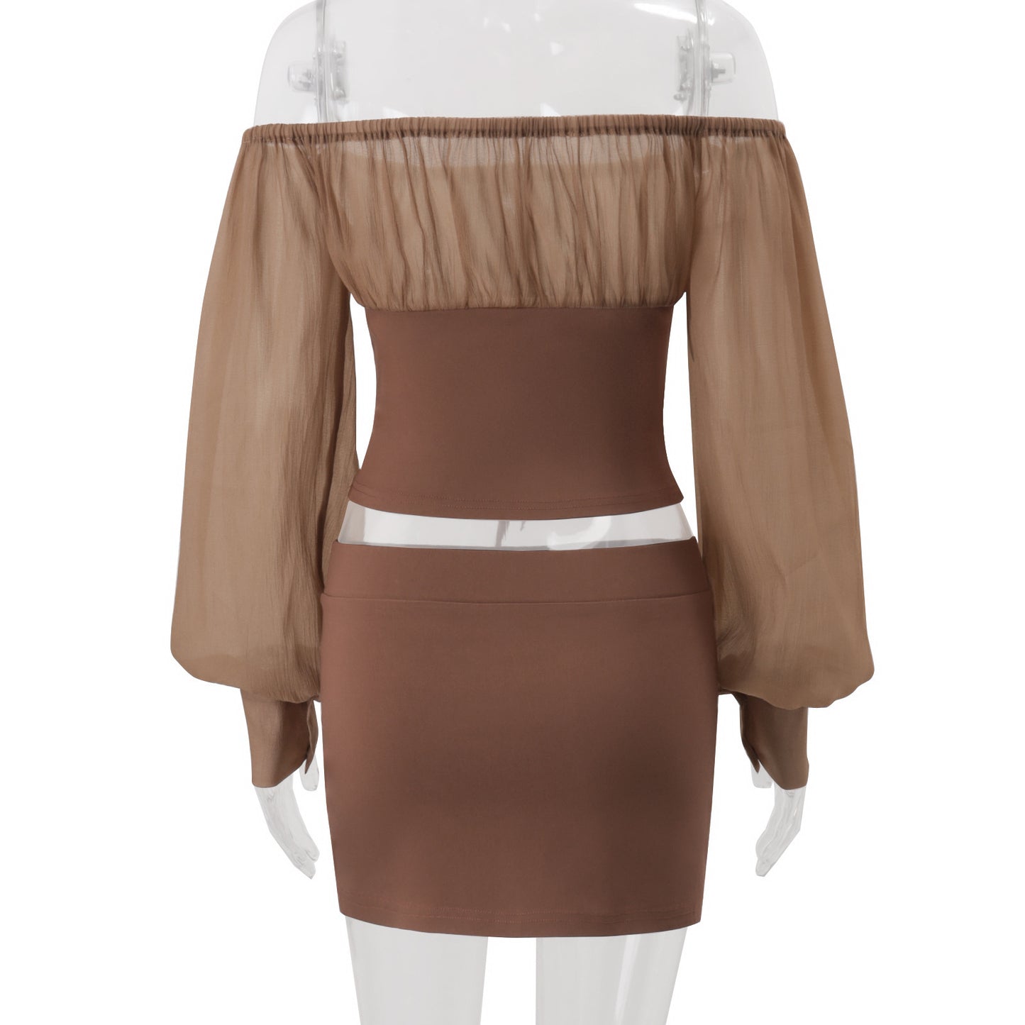 Autumn Sexy off Shoulder Retro Mesh Long Sleeve Top Sheath Skirt Outfit Women
