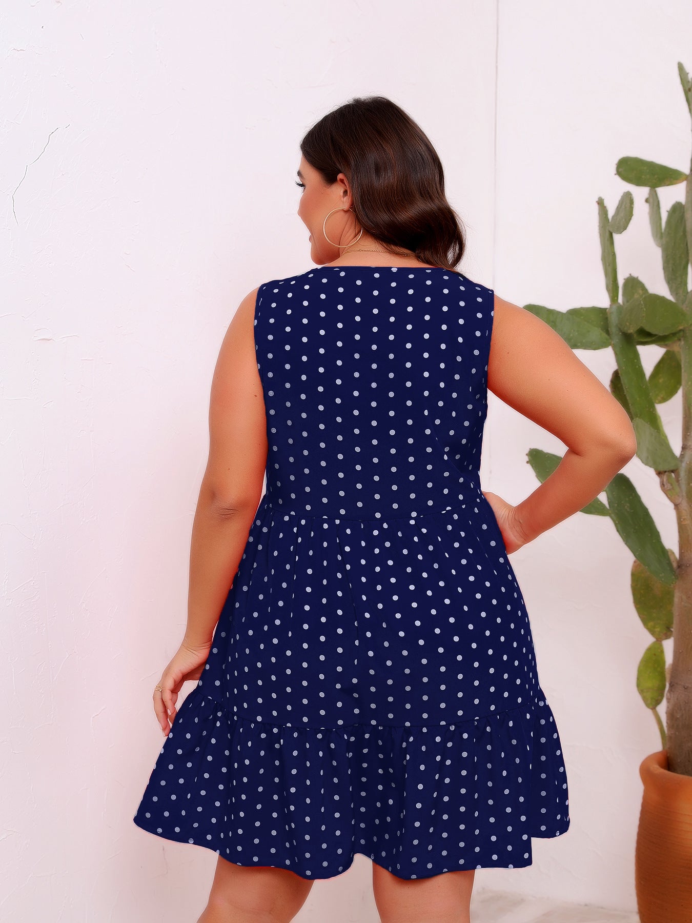 Round Neck Sleeveless Polka Dot Loose Fitting Large Hem Ruffled Dress