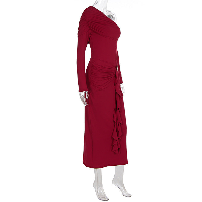 Autumn Elegant Women Single Shoulder Solid Color Long Sleeve Slim Fit Sexy Sheath Pleated Dress