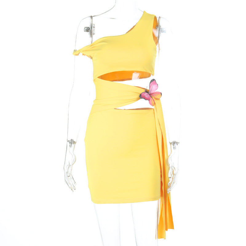 Shoulder Hollow Out Cutout out Strap Butterfly Decoration Dress Summer Solid Color Hip Dress