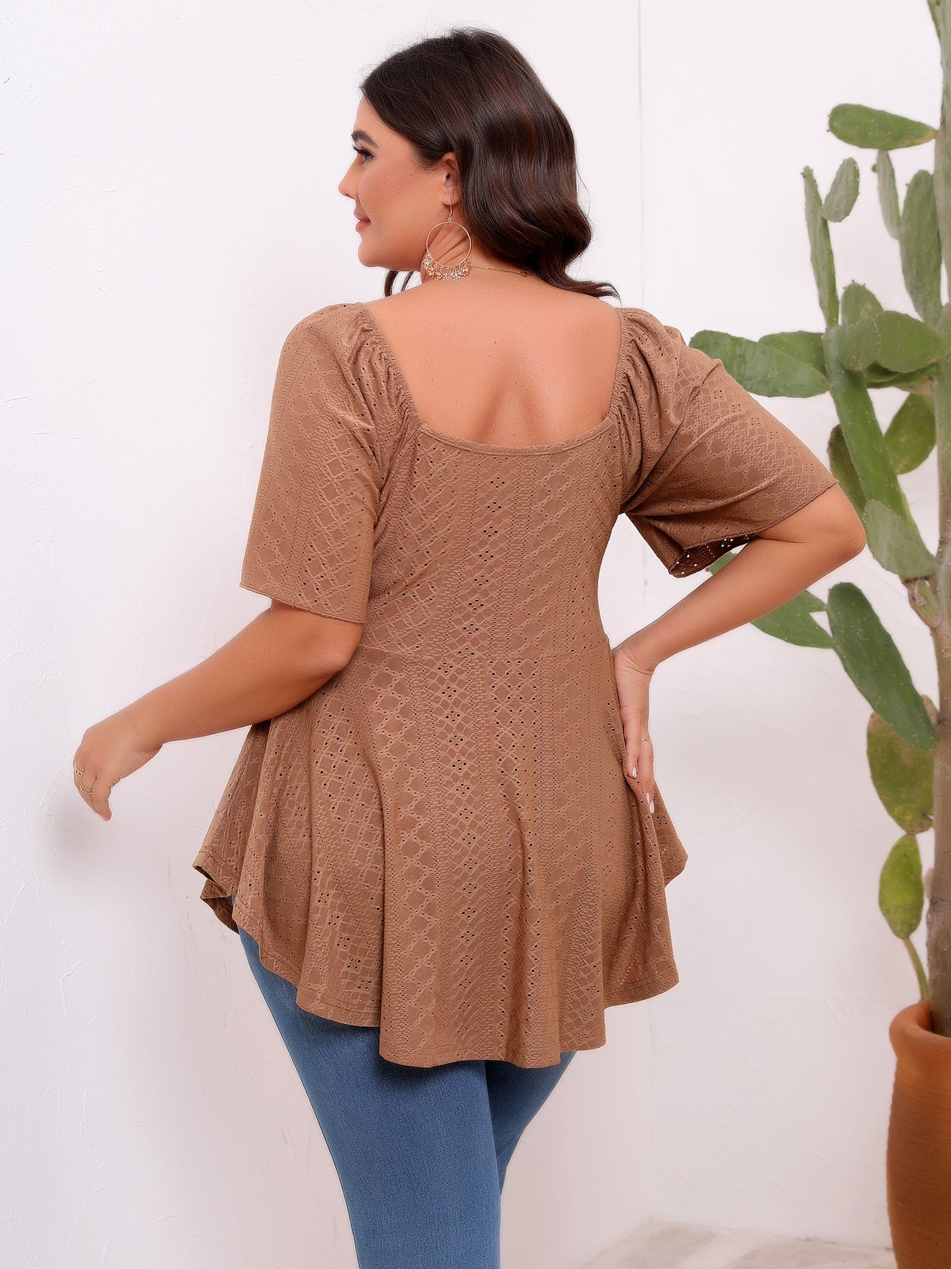 Plus Size Solid Color Hollow Out Cutout-out Front Chest Twisted Waist V-neck Short Sleeve Large Swing Top