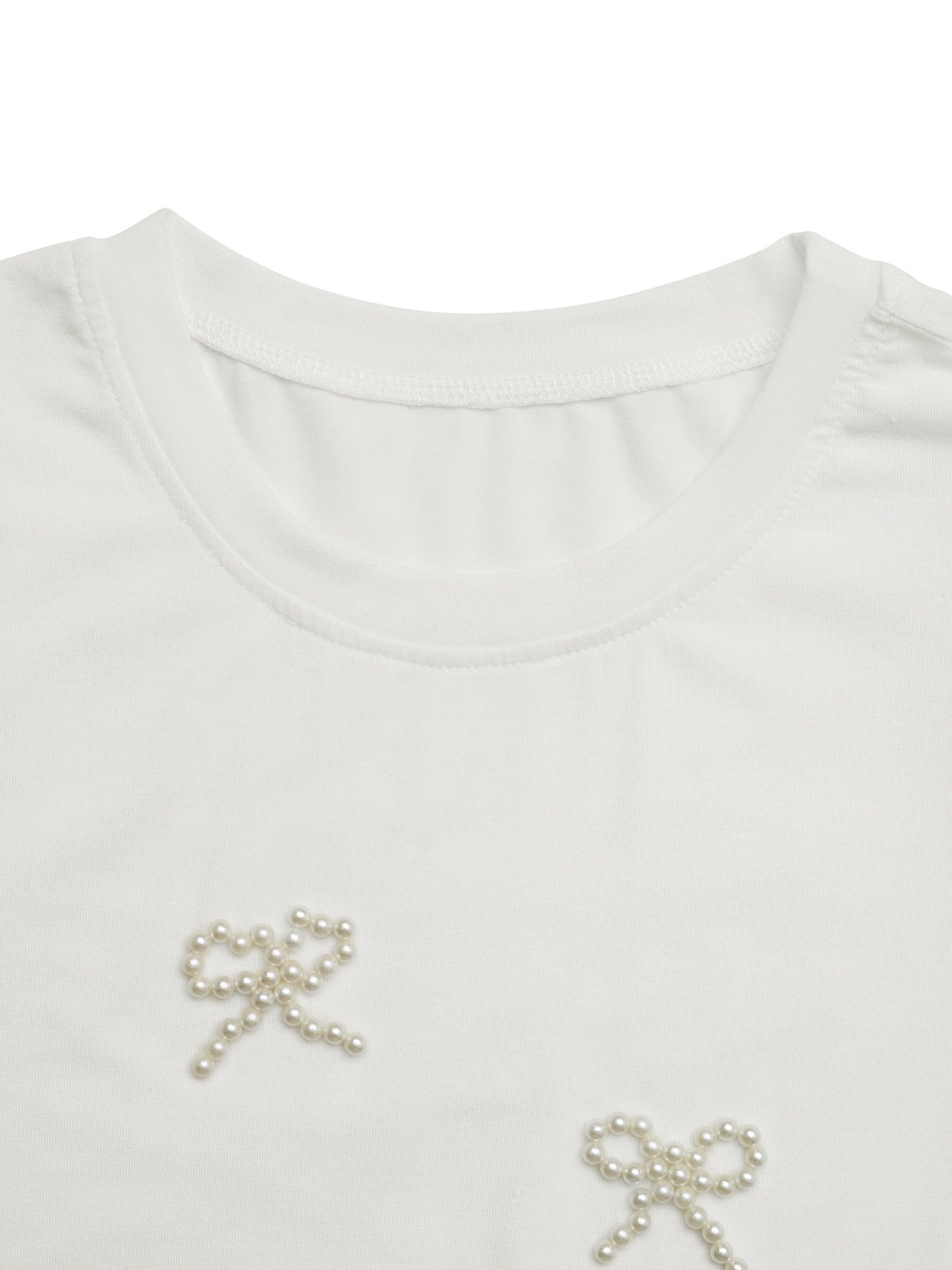 Summer Casual Bow round Neck Pullover Top Beaded Puff Sleeve T shirt for Women