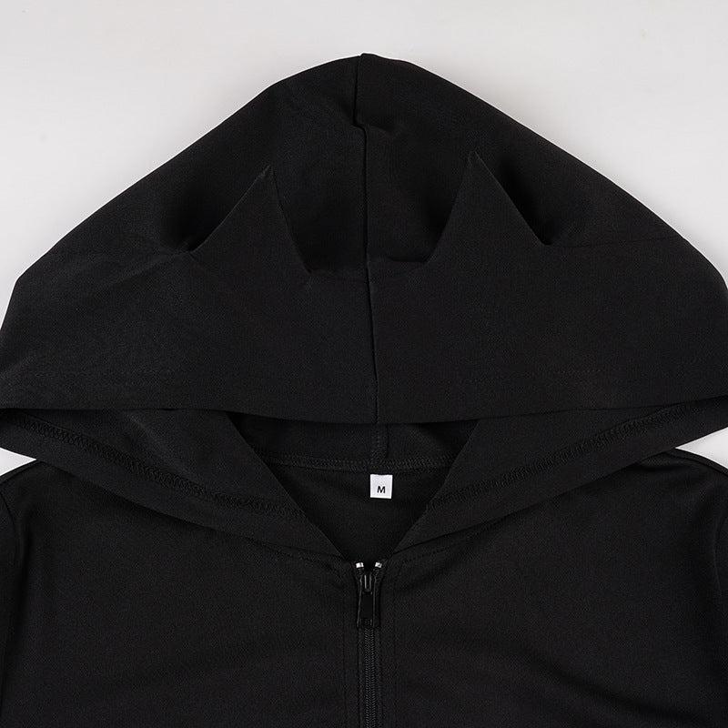 Sexy Little Devil Zipper Hooded Sweater Women Street Solid Color Slim Fit All Match Jacket