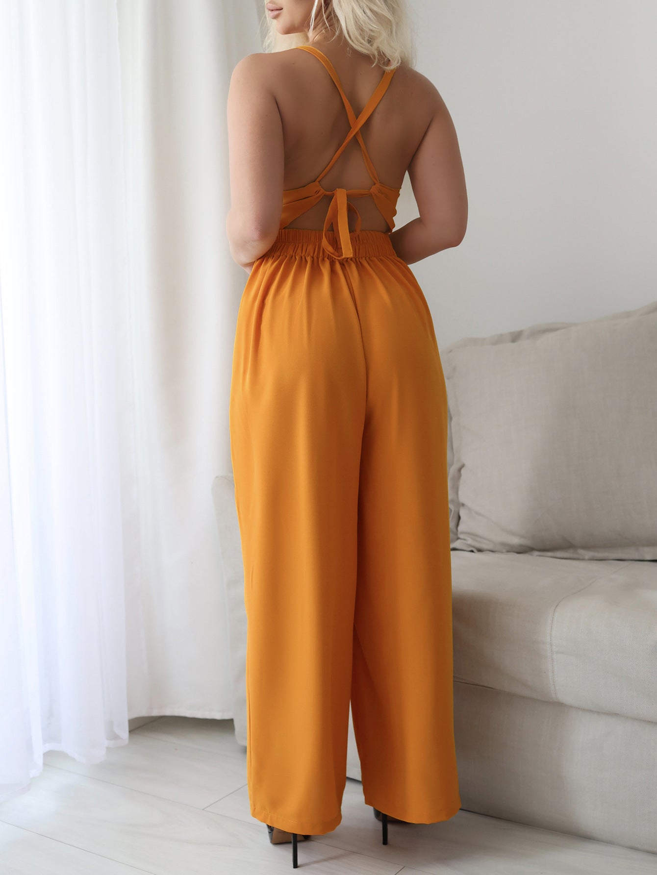 Spring Summer Casual Vacation Office Solid Color Sling Wide Leg Overalls Women Clothing