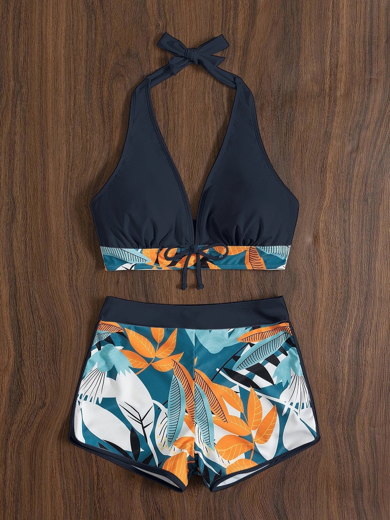 Swimsuit Women Split High Waist Boxer Lace Printing Solid Color Stitching Swimsuit