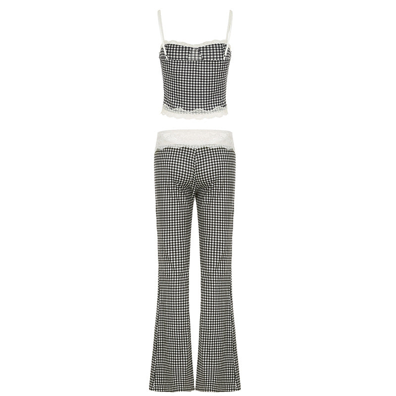 Spring Summer Women Clothing Plaid Stitching Lace Sling Bell Bottom Pants Street Two Piece Set