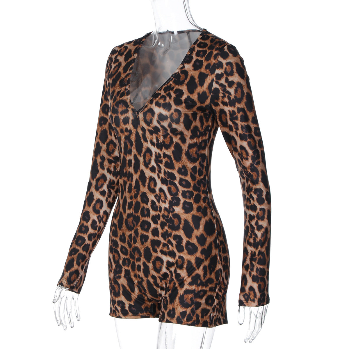Women Clothing Autumn Winter Leopard Print V neck Long Sleeve Sexy Tight Jumpsuit Women