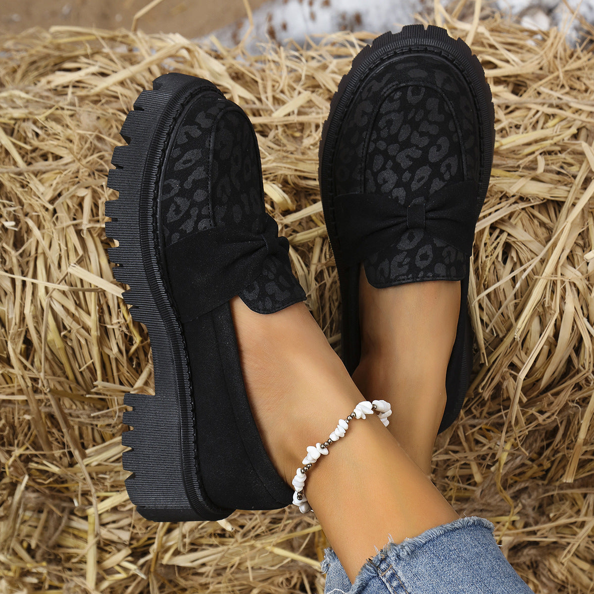 Leopard Print Color Matching Platform Shoes Women Retro Mid Mouth Slip on Loafers