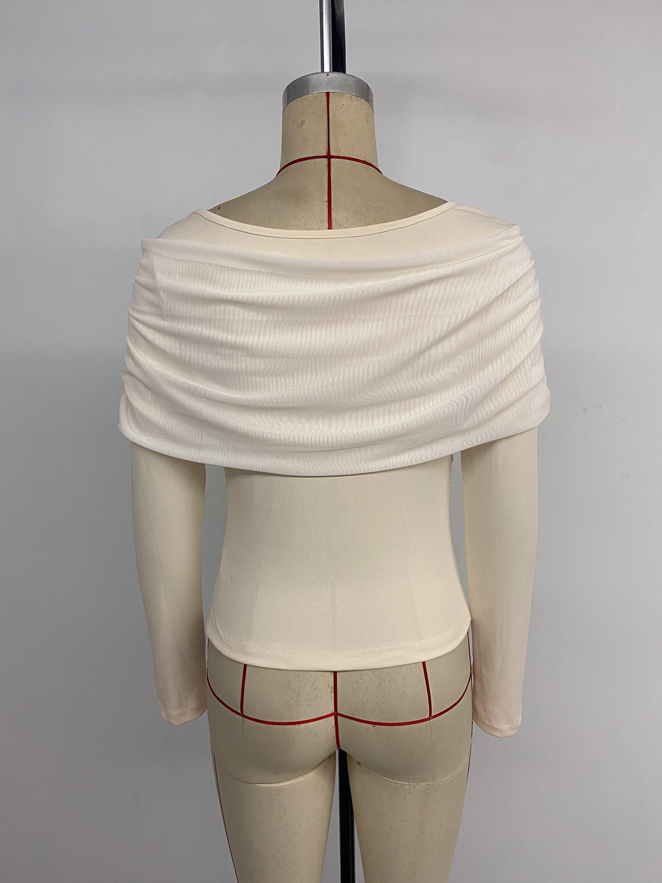 French Patchwork Cold Shoulder T shirt Women Ladies Elegant Pleated Design Slim Fit Sexy Long Sleeve Top