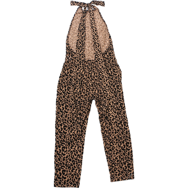 Autumn Winter Women Sexy Leopard Print Halter Strap Backless Slim Fit Cropped Jumpsuit
