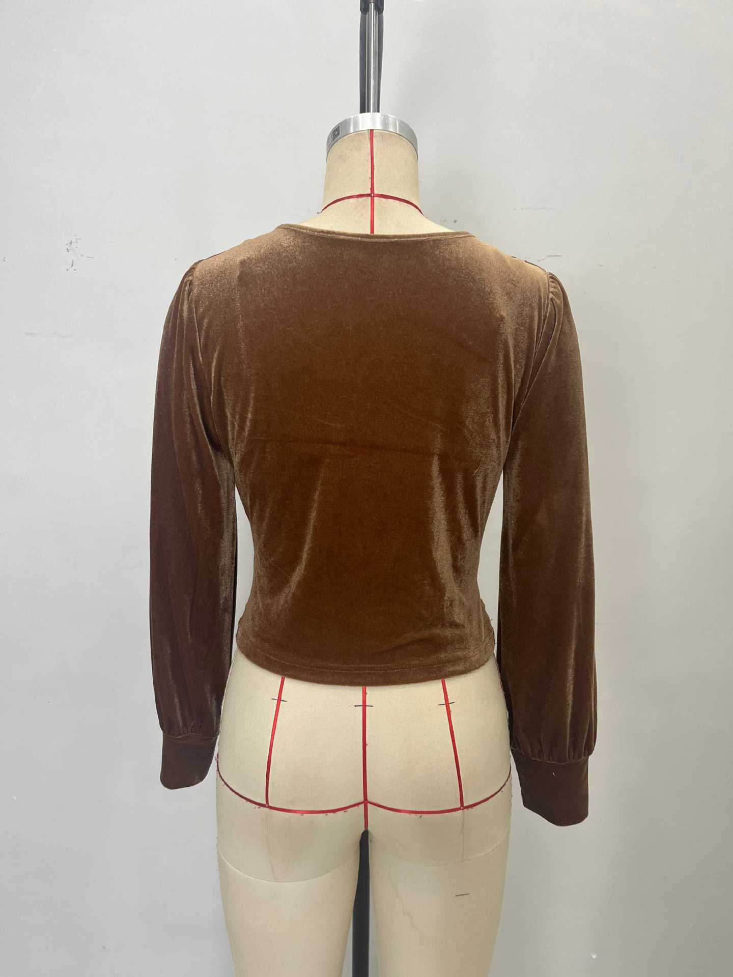 Autumn High Grade Velvet French Chic Waist Twist Design Tight Waist Long Sleeved Shirt Top