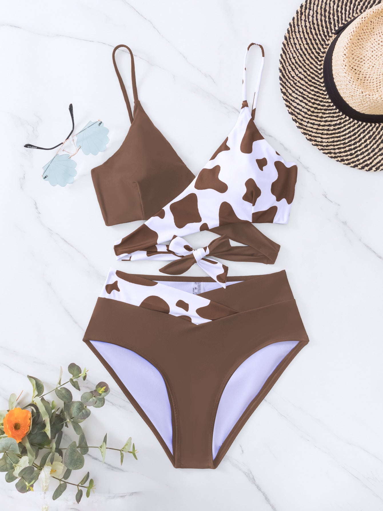 Bikini Printing Tied High Waist Sexy Bikini Split Swimsuit Swimwear