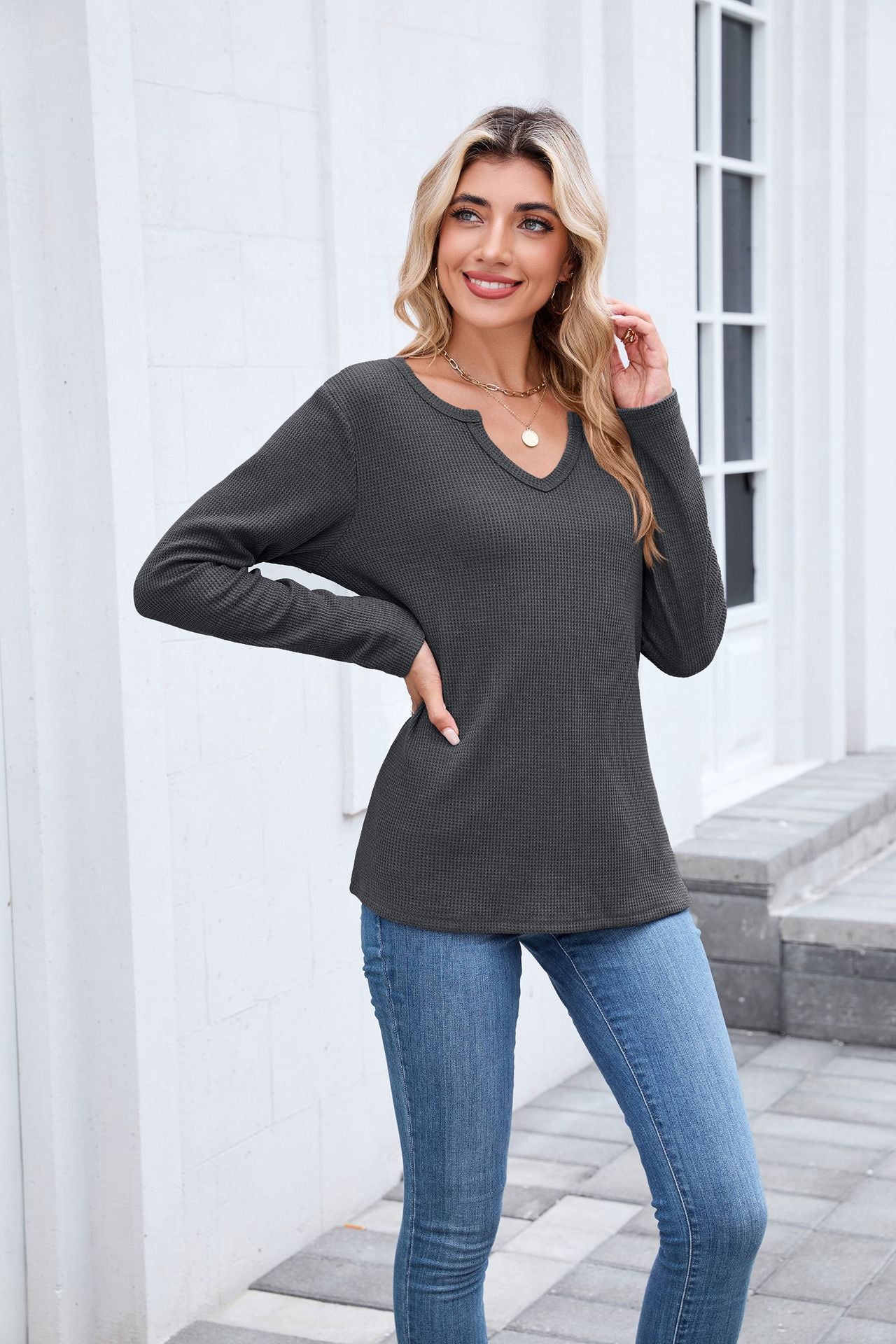 Autumn Winter Waffle Solid Color V neck Loose Long Sleeved T shirt Top Women