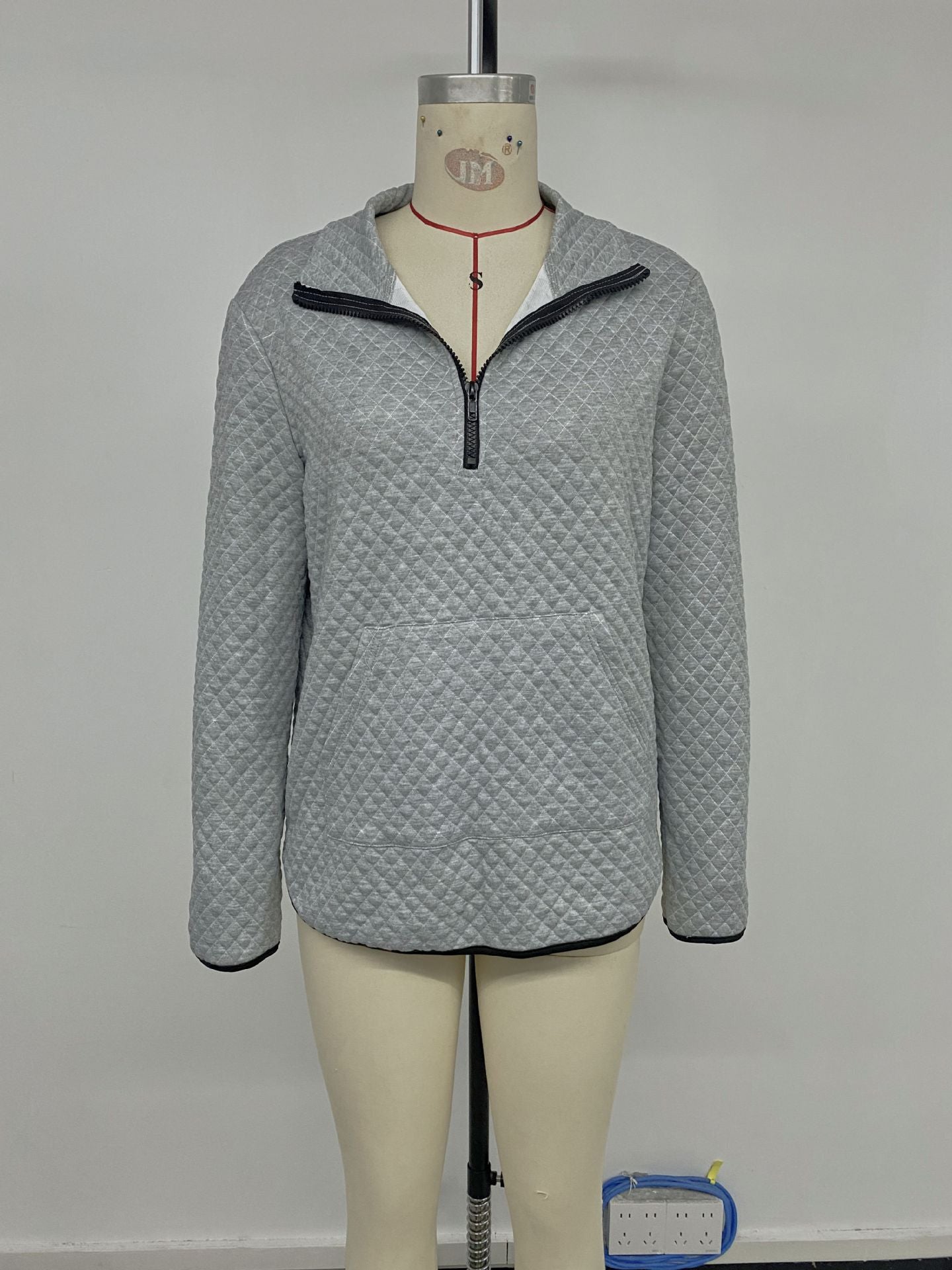 Casual Simple Sports Half Open Zipped Stand Collar Diamond Lattice Fabric Solid Color Hoodie Women