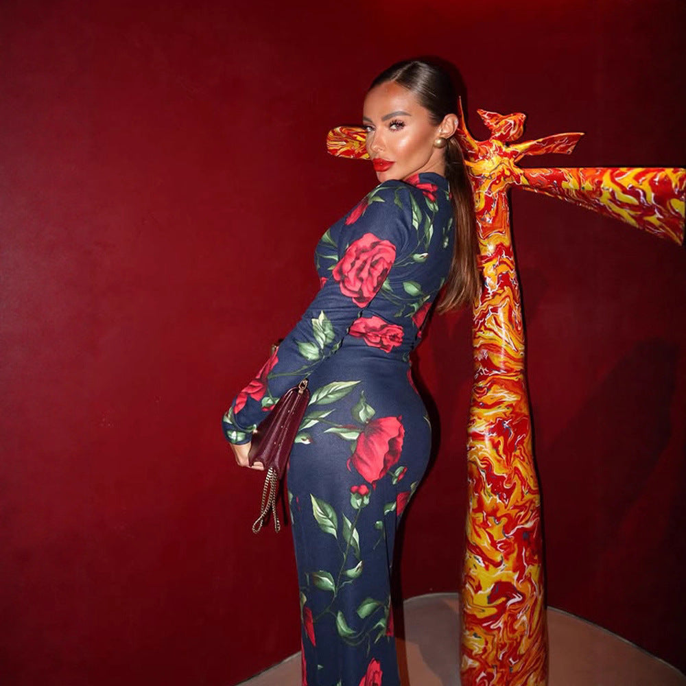 Women Long Sleeve Floral Print Dress National Chinese Slim Fit Maxi Dress