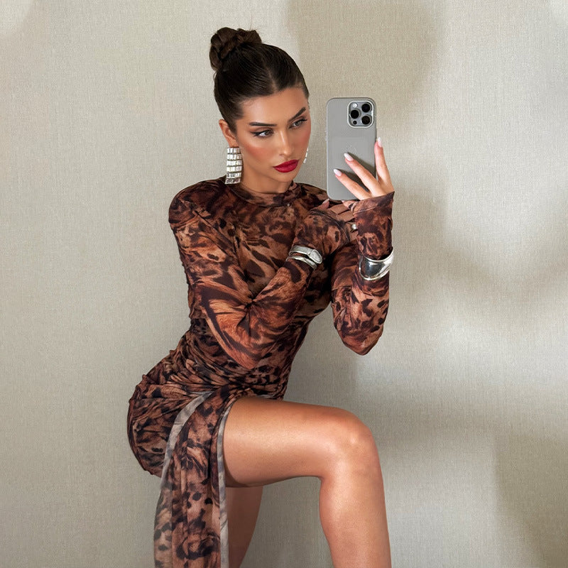 Summer Item Crew Neck Long Sleeve Tiger Stripe Pattern Lace up Waist Controlled Slimming Dress
