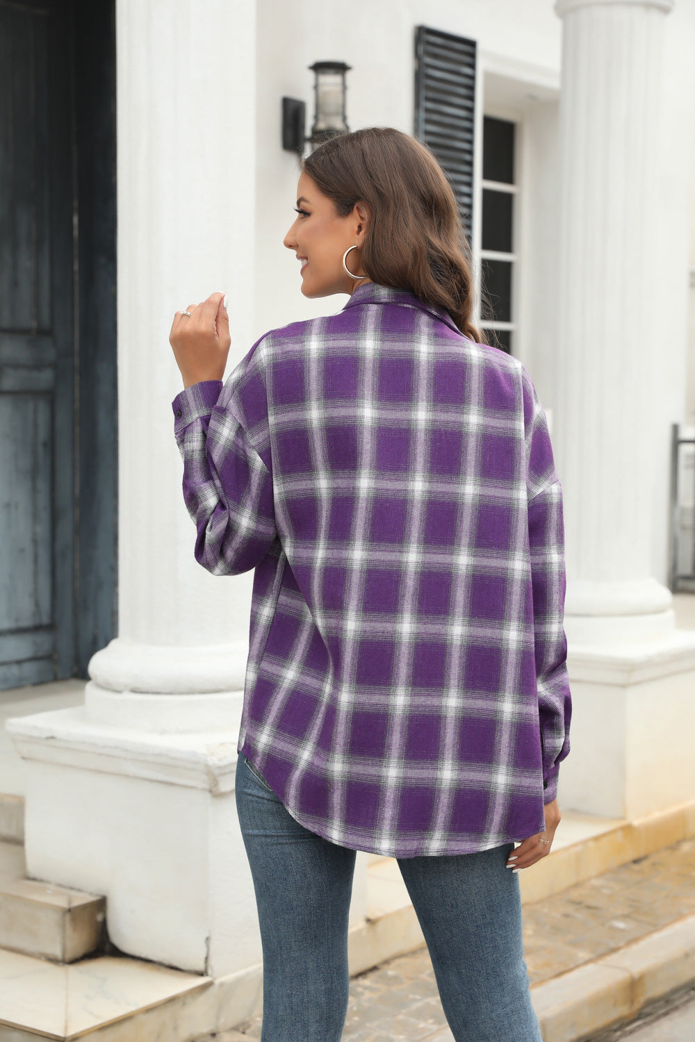 Women Long Sleeved Plaid Button Shirt Full Color Uniform Size Jacket