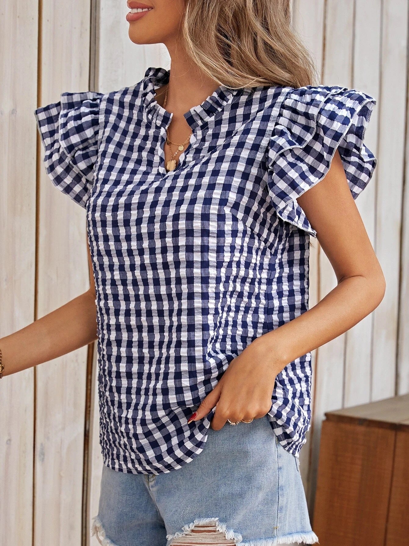 Summer Top Double Layer Ruffled Sweet Cute Women Clothing Plaid Short Sleeve