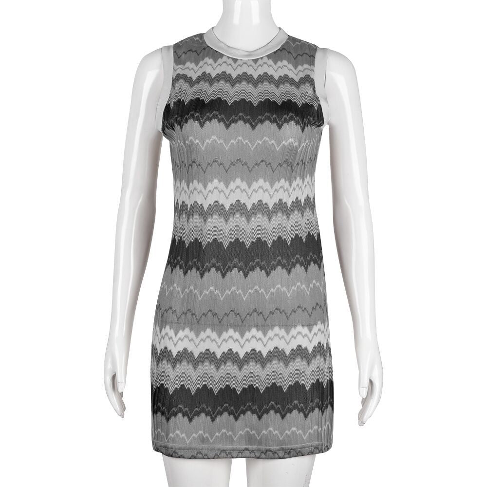Women Clothing Spring Pattern Print round Neck Contrast Color Sexy Dress
