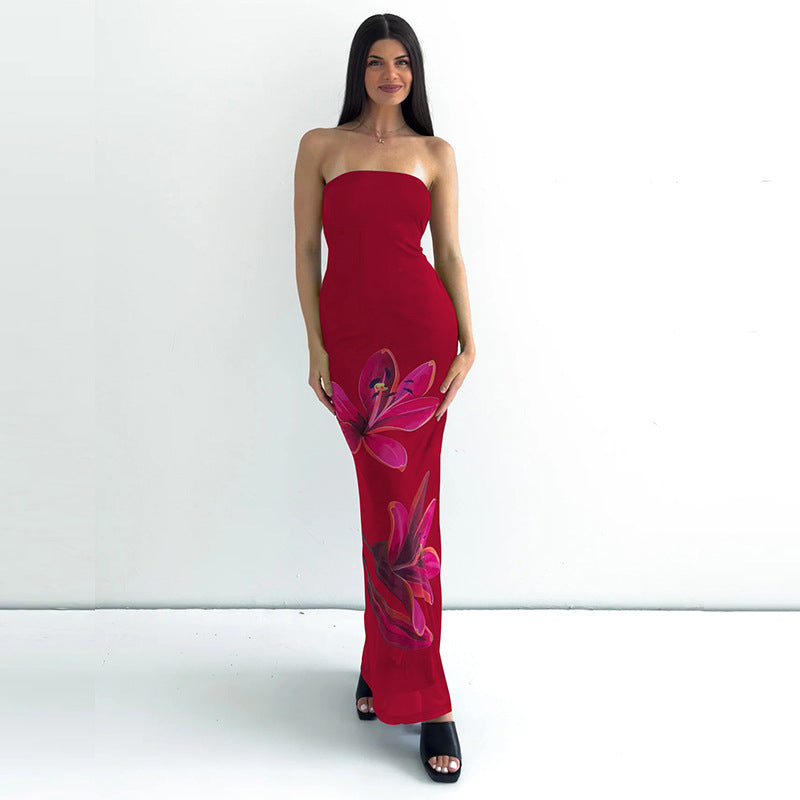 Women Clothing Summer Personalized Printed off Neck Tube Top Backless Tied Dress