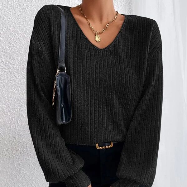 Autumn Loose Knitwear V-neck Drop Shoulder Lantern Sleeve T Women