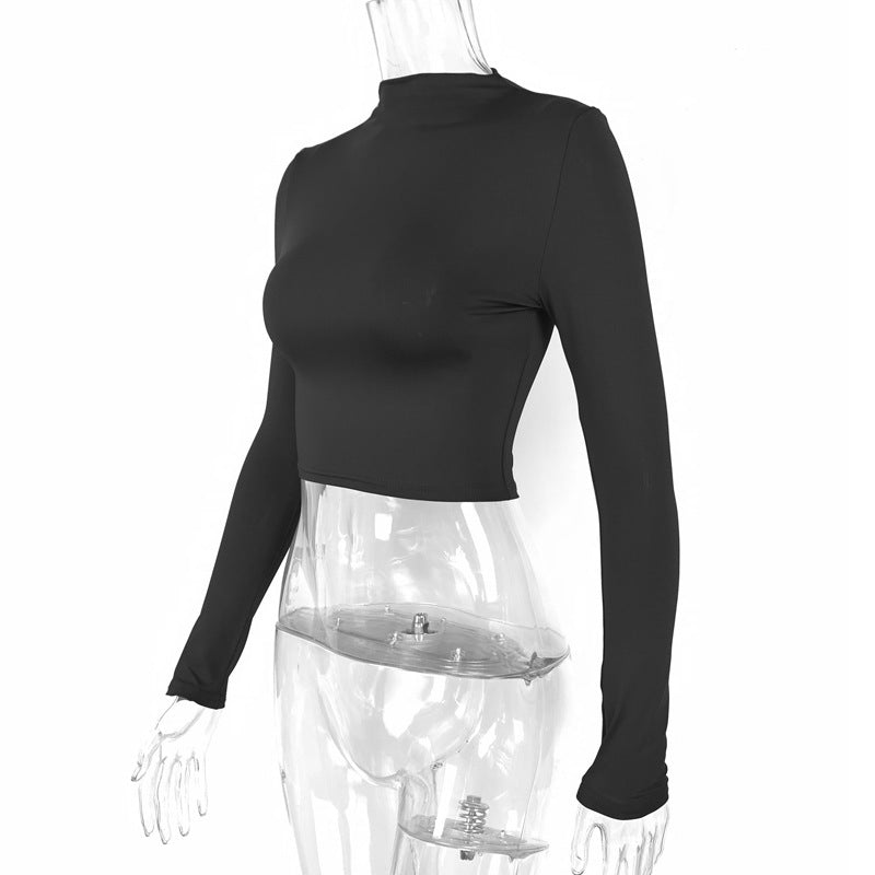 Women Clothing Autumn Solid Color Sexy Tight cropped Long Sleeve Half Turtleneck T shirt Bottoming Shirt
