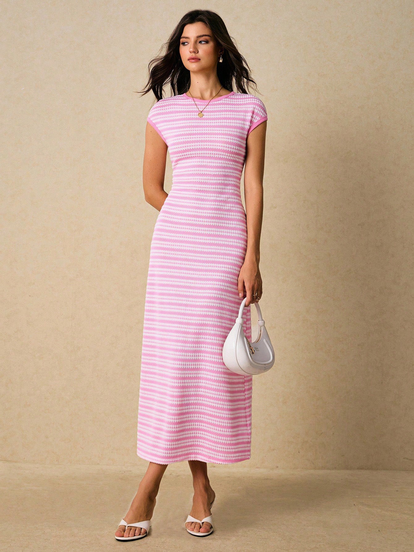 Casual Multicolor Striped Waist round Neck Short Sleeve Long Pattern Women Dress