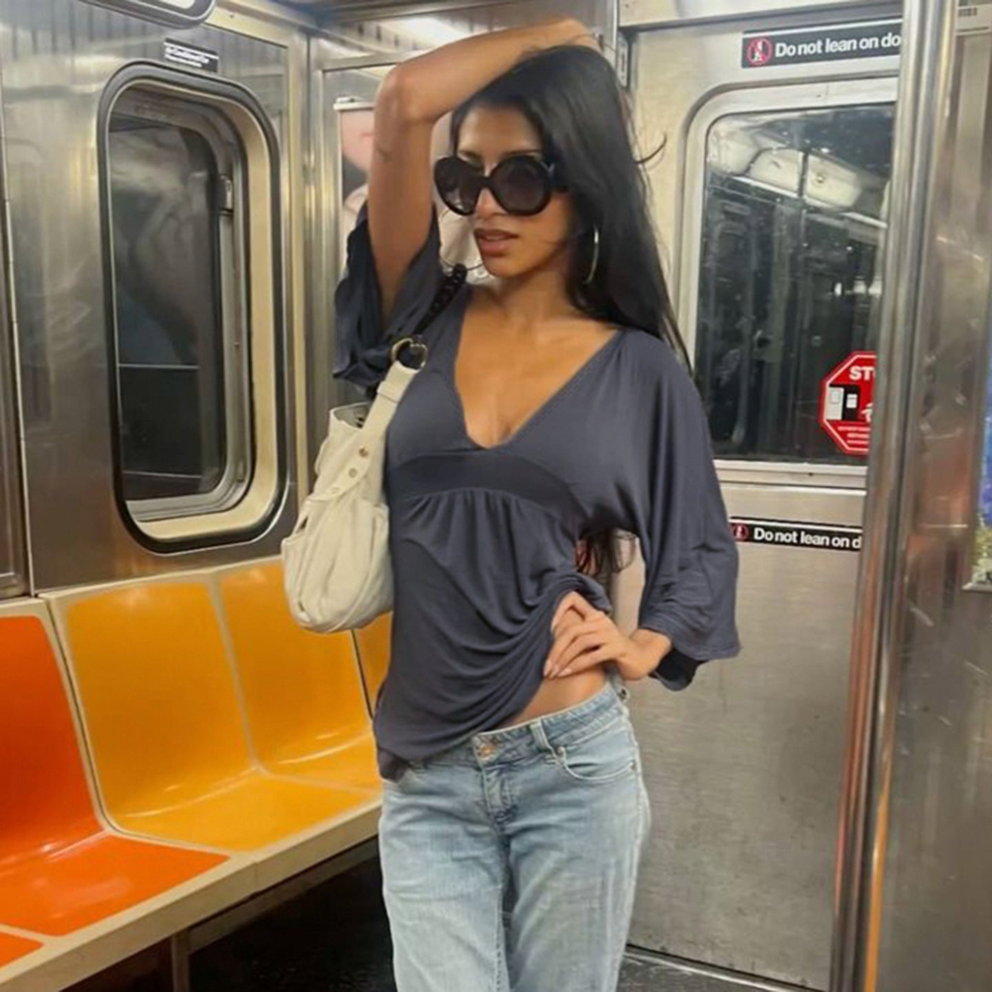 Sexy V neck Solid Color Draping Half Sleeve T shirt Women Bell Sleeve Waist Controlled a Swing Top