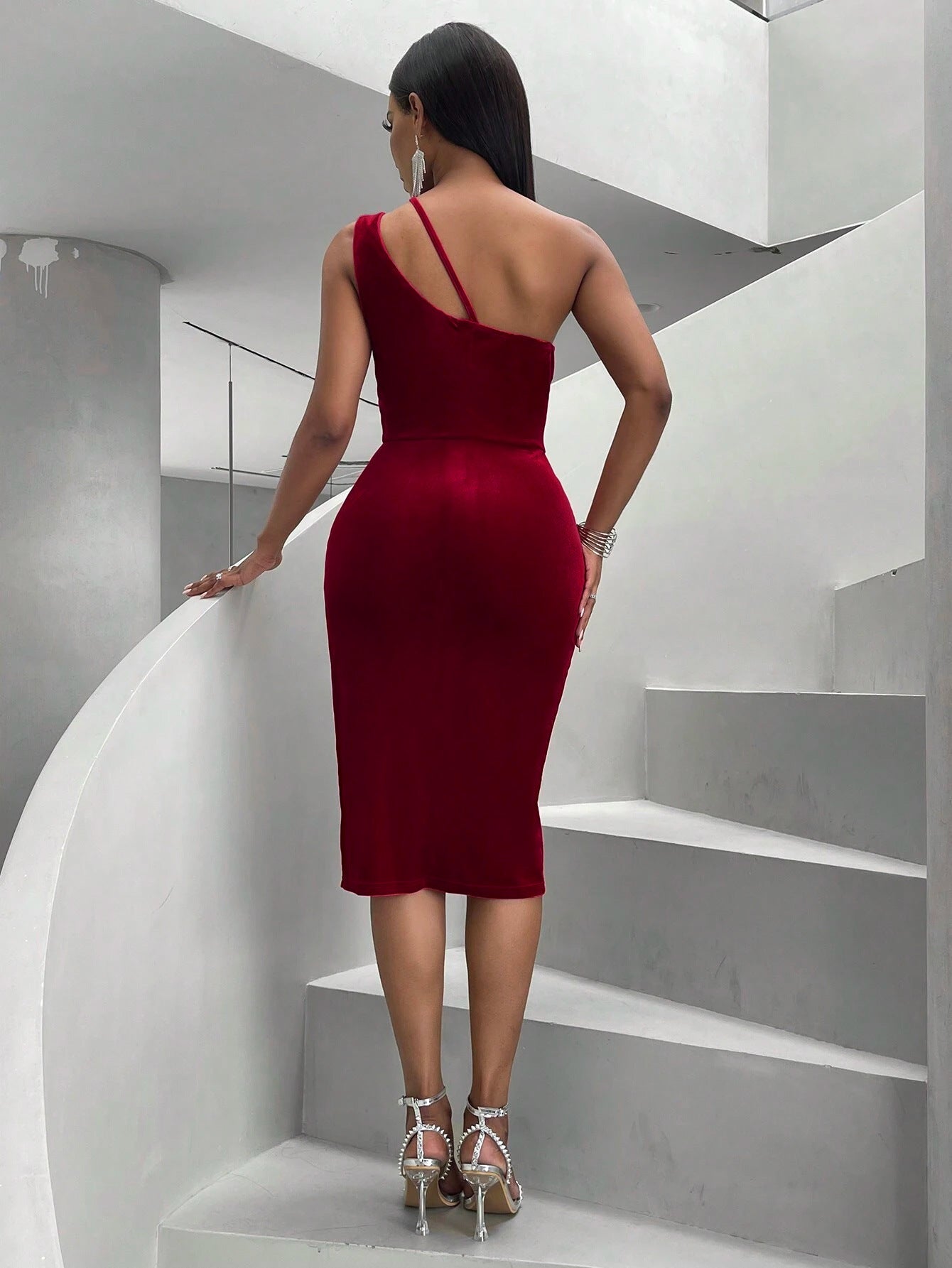 Sexy Sexy Velvet Slim Fit Slimming Sense of Design One Shoulder Hip Dress