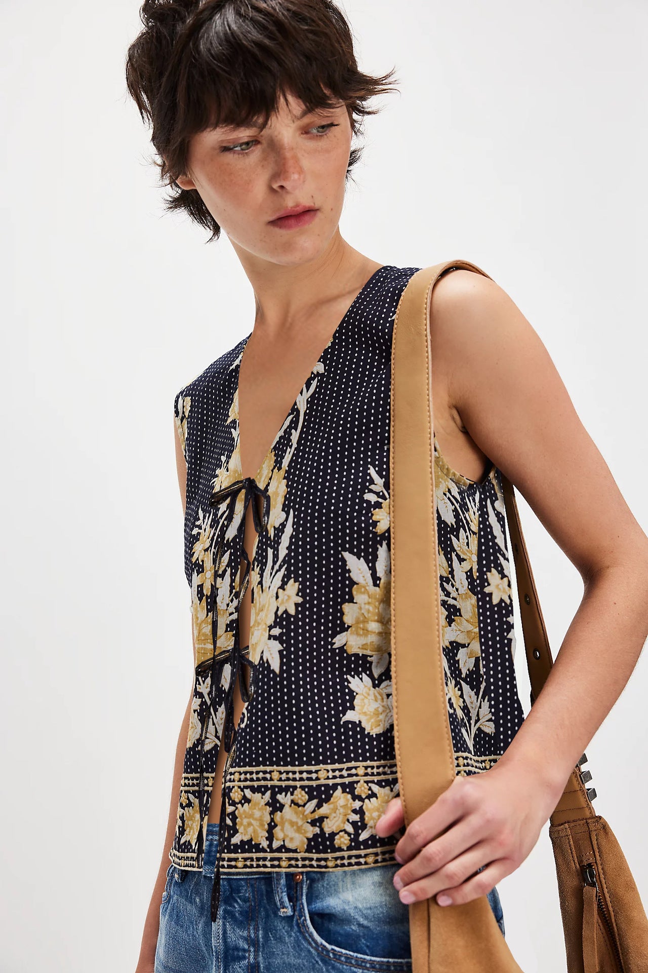 Women Tops Vintage Print Lace up Loose Ladies Vest