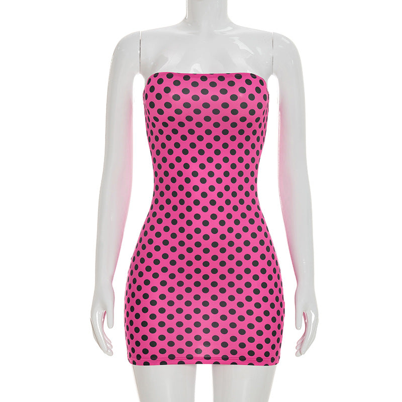 Women Clothing Summer Sexy Polka Dot Print Tube Top Sleeveless Skinny Sheath Short Dress