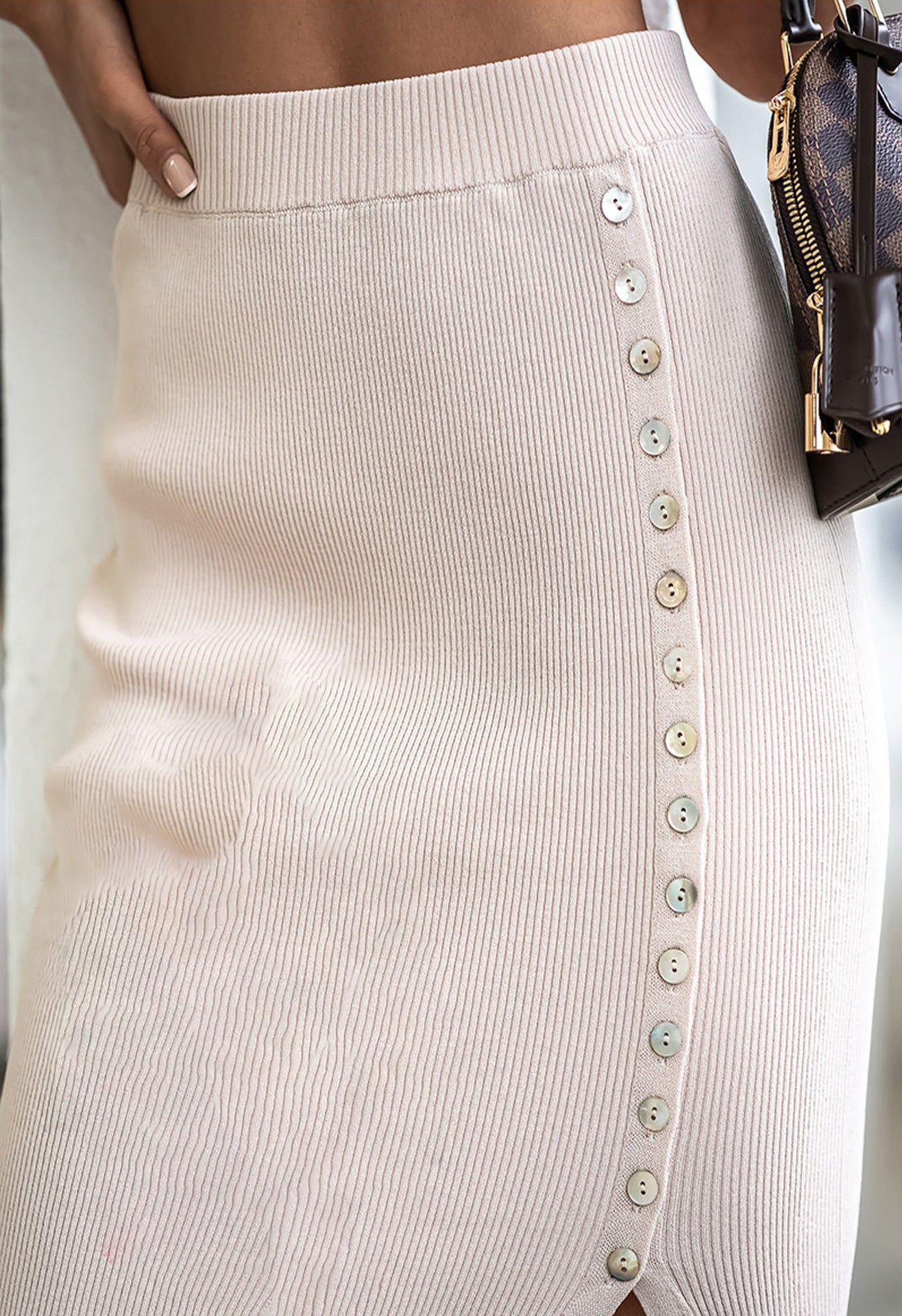 Summer Women Clothing Sunken Stripe Rib Split Button Skirt
