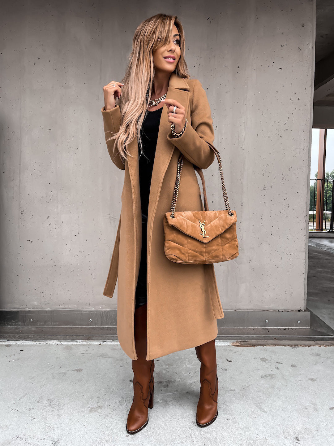 Autumn Winter Women Clothing Solid Color Polo Collar Long Sleeved Woolen Coat Simple Lace up Trench Coat
