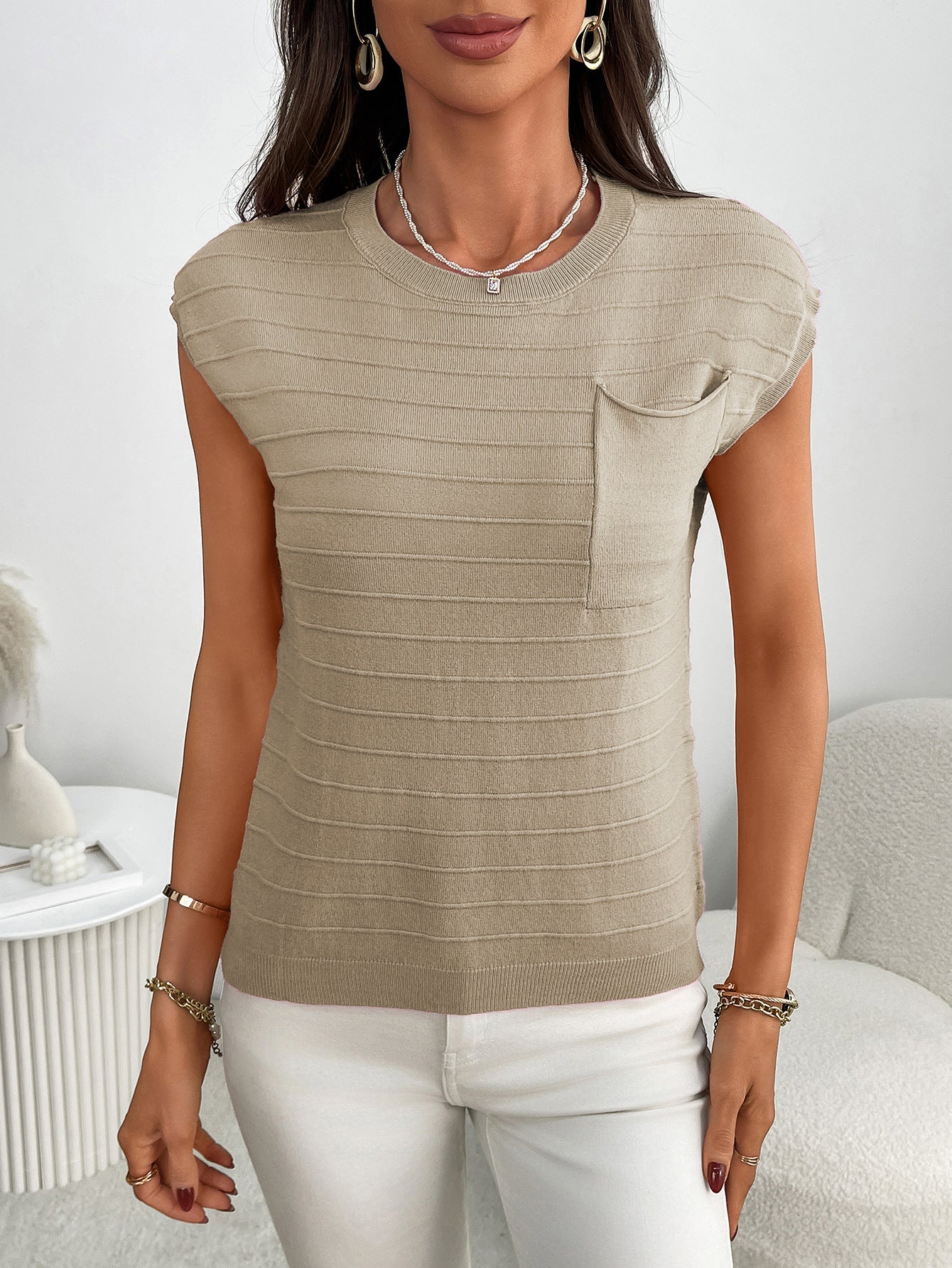 Summer Women Clothing Pullover Short Sleeve round Neck Striped Knitted Pocket Sweater