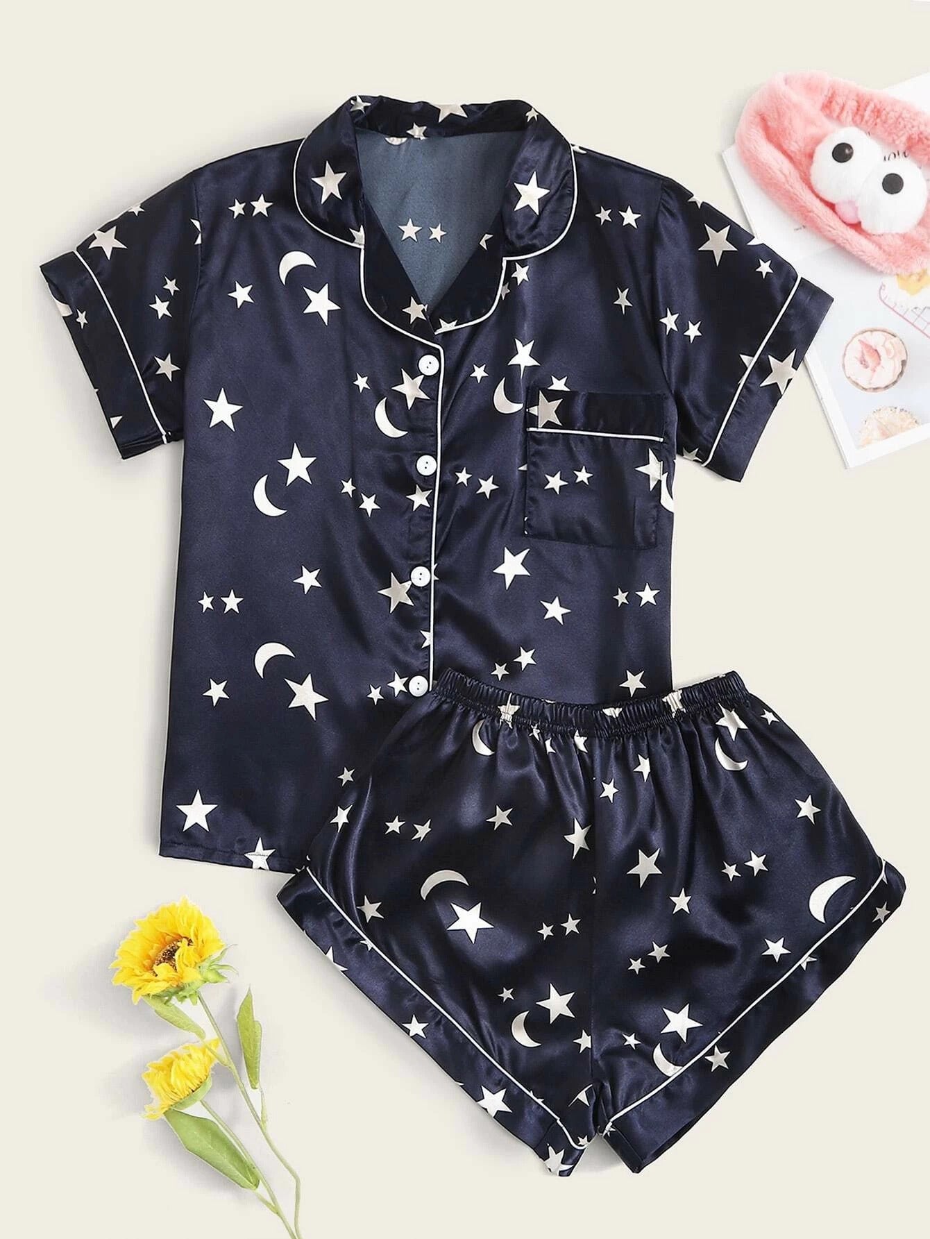 Suit Pajamas Women Homewear Suit Short Sleeve Shorts Elastic Satin
