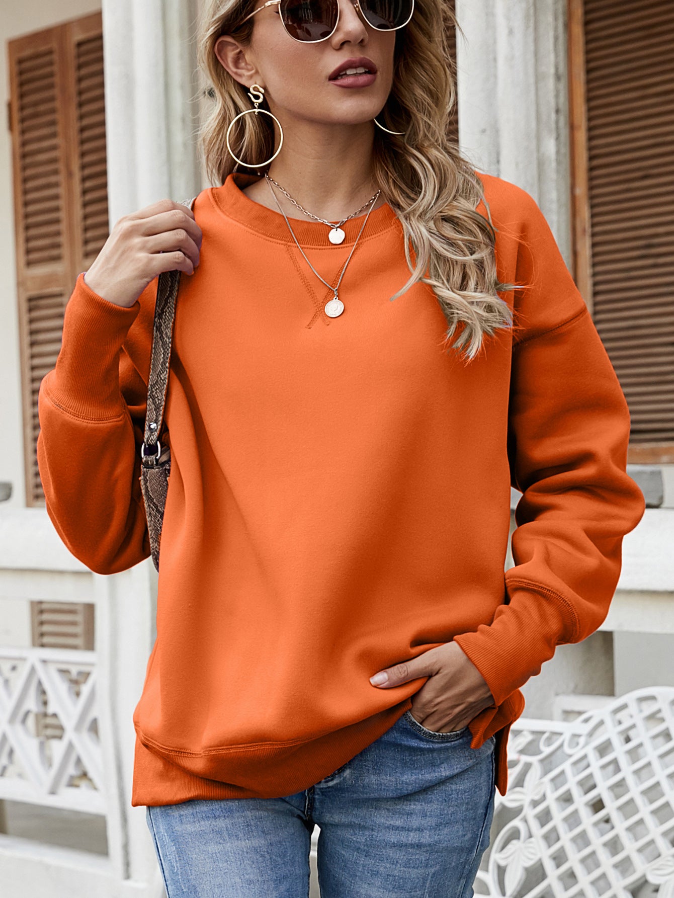 RWinter Women Clothing Slit Hemline Hem Fleece Round Neck Pullover Thickened Sweatshirt Women