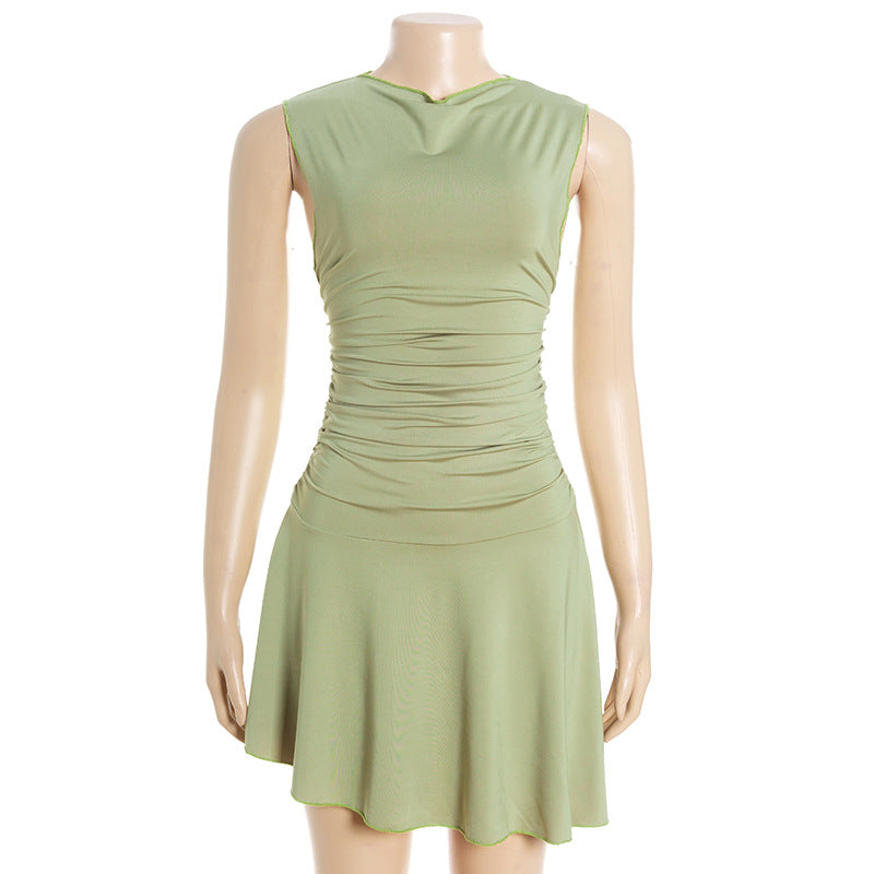 Round Neck Pullover Sleeveless Slim Fit Pleating Short Irregular Asymmetric Solid Color Dress