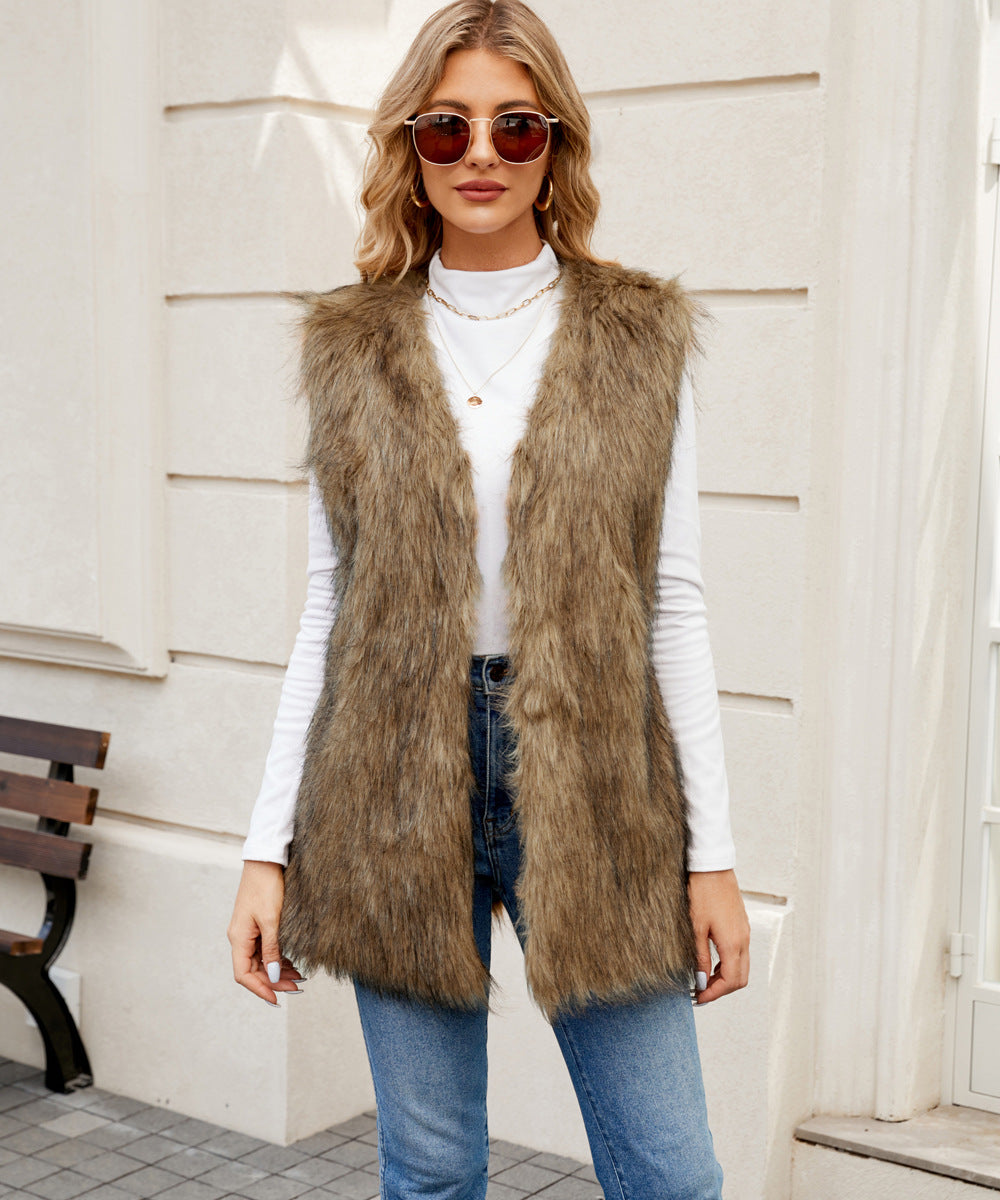V neck Women Faux Fur Coat Vest Top Artificial Fur Vest