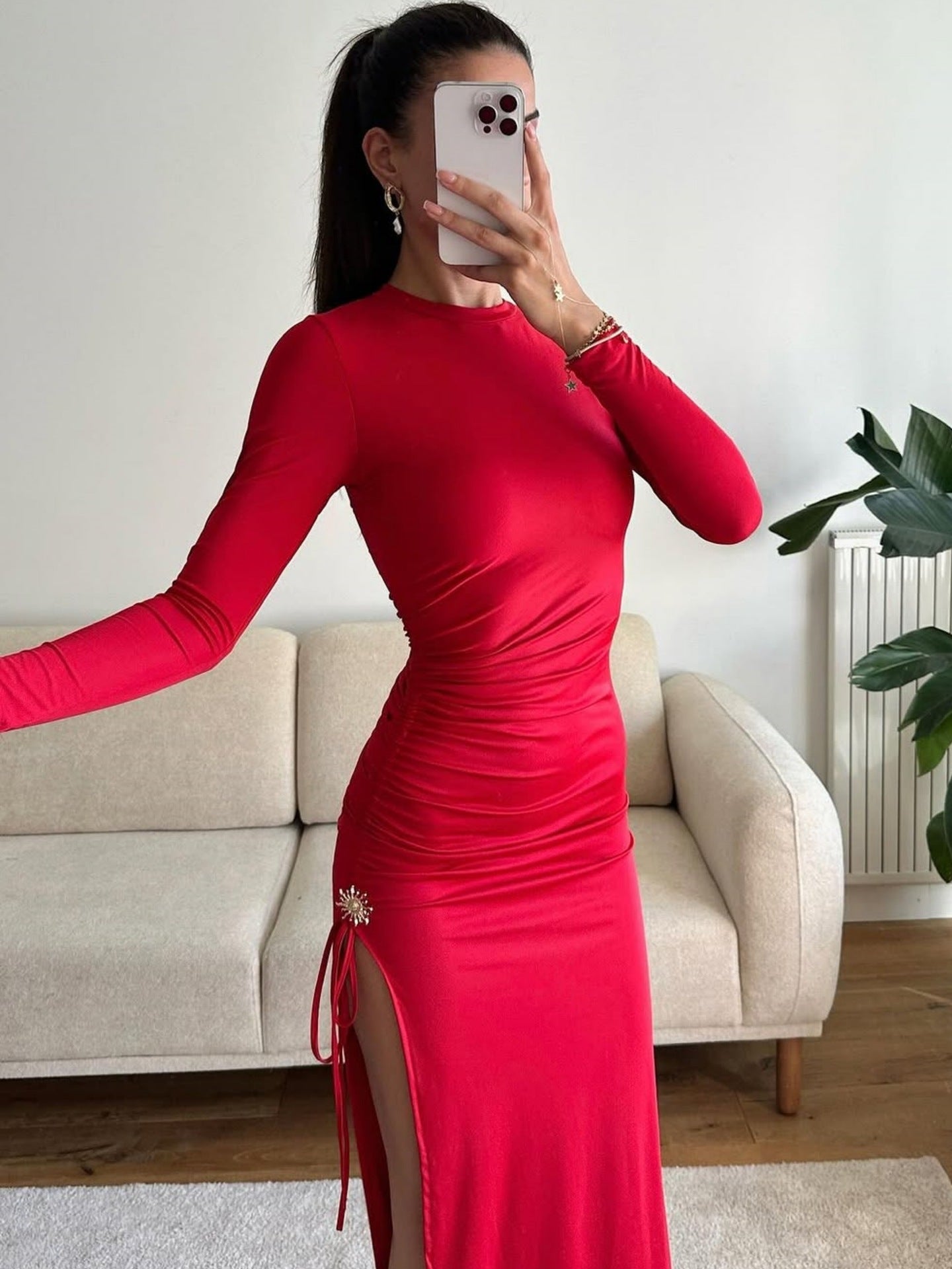 Early Autumn Women Clothing Long Sleeve Dress Lace up Slimming Slit Metal Decorative Maxi Dress Women