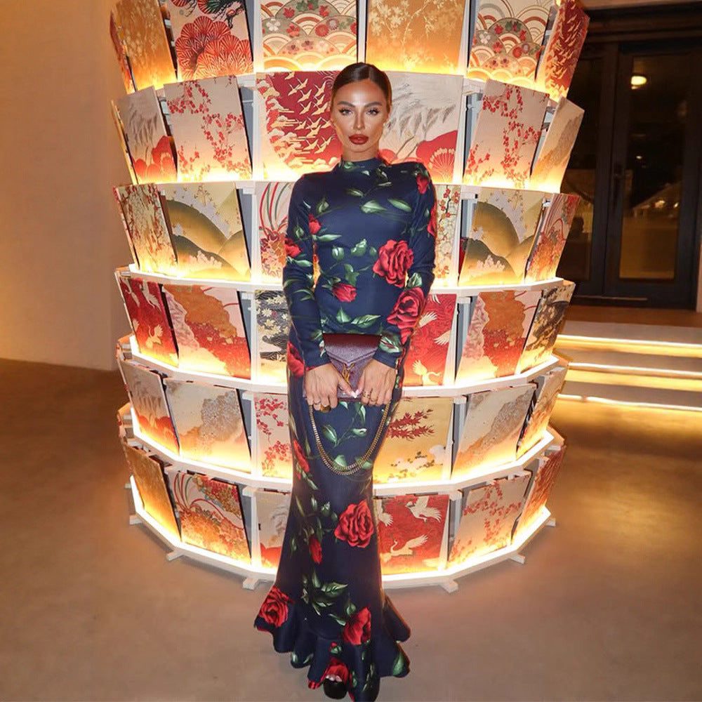 Women Long Sleeve Floral Print Dress National Chinese Slim Fit Maxi Dress
