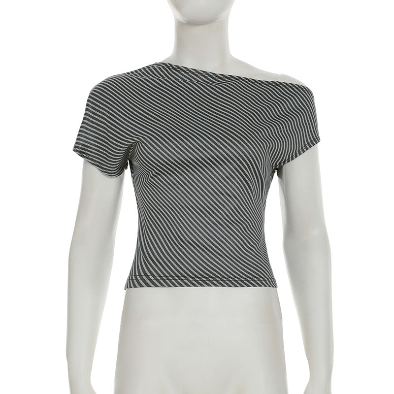 Striped Diagonal Collar Short Sleeved Top Summer Sexy Personality Shoulder Baring Irregular Asymmetric T shirt