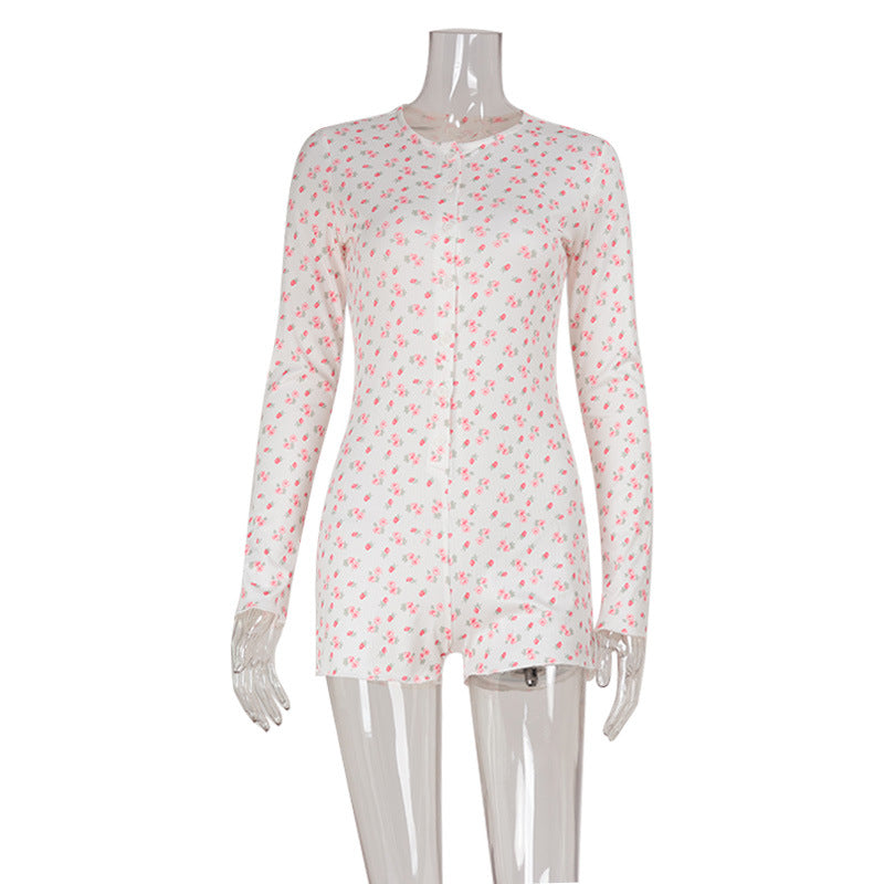 Fall Women Thread Anti Stripe Floral round Neck Long Sleeve Jumpsuit Shorts Women