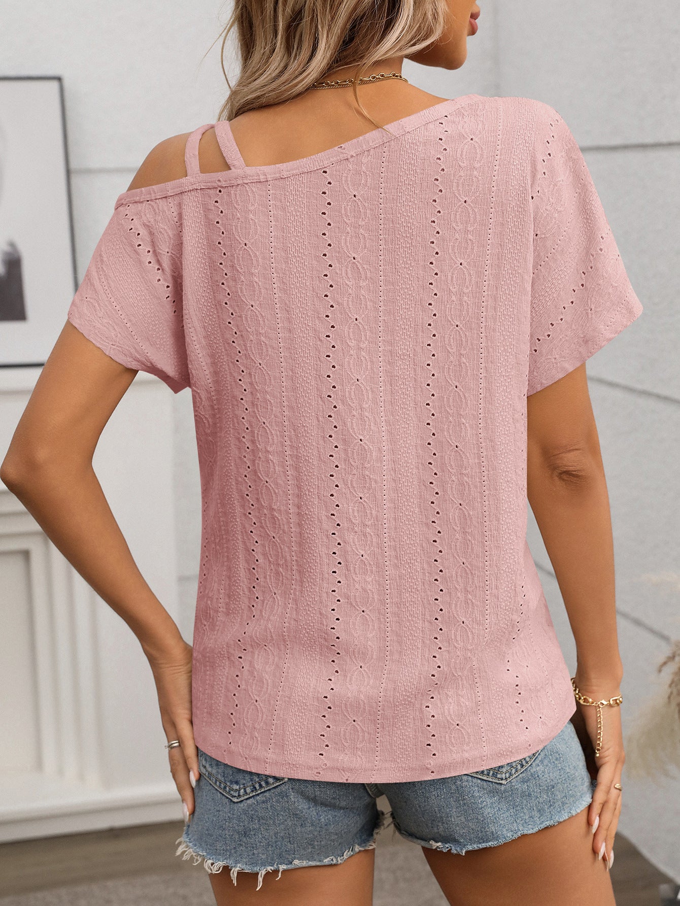 Summer Women Clothing Solid Color One Shoulder Short Sleeved T shirt Hollow Out Cutout out Top Women