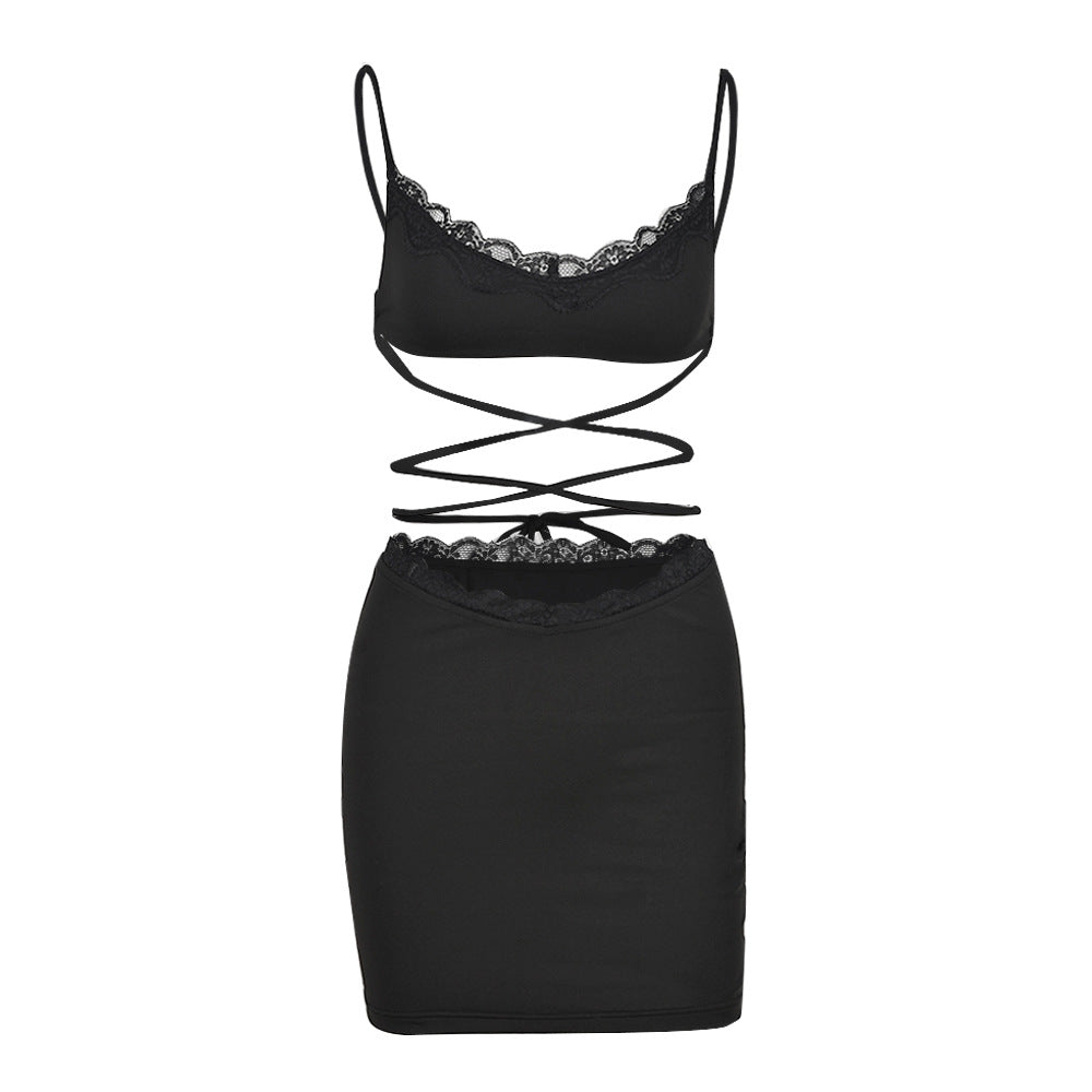 Summer Spaghetti Straps Corset Short Skirt Lace-up Sexy Hollow Out Cutout Two-Piece Women Clothing
