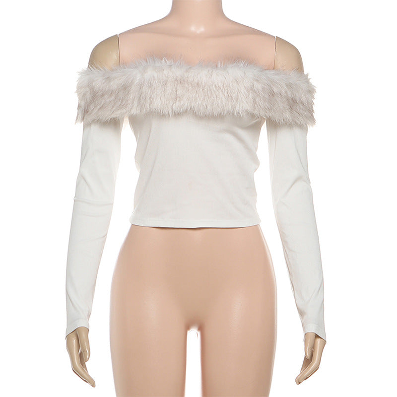Autumn Winter Slim Fit Cropped off Neck Fur Stitching Color Contrast Long Sleeve T shirt Top