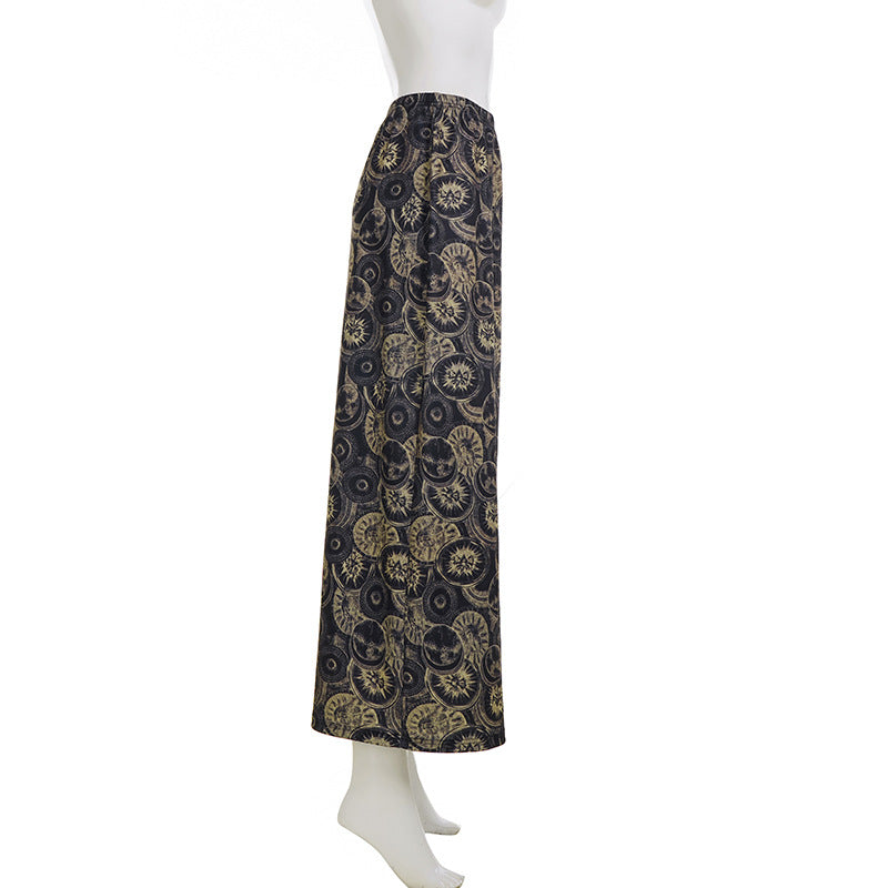 Ethnic Print Distressed Retro High Waist Cover Slimming Spring Summer Elegant Circle Maxi Skirt